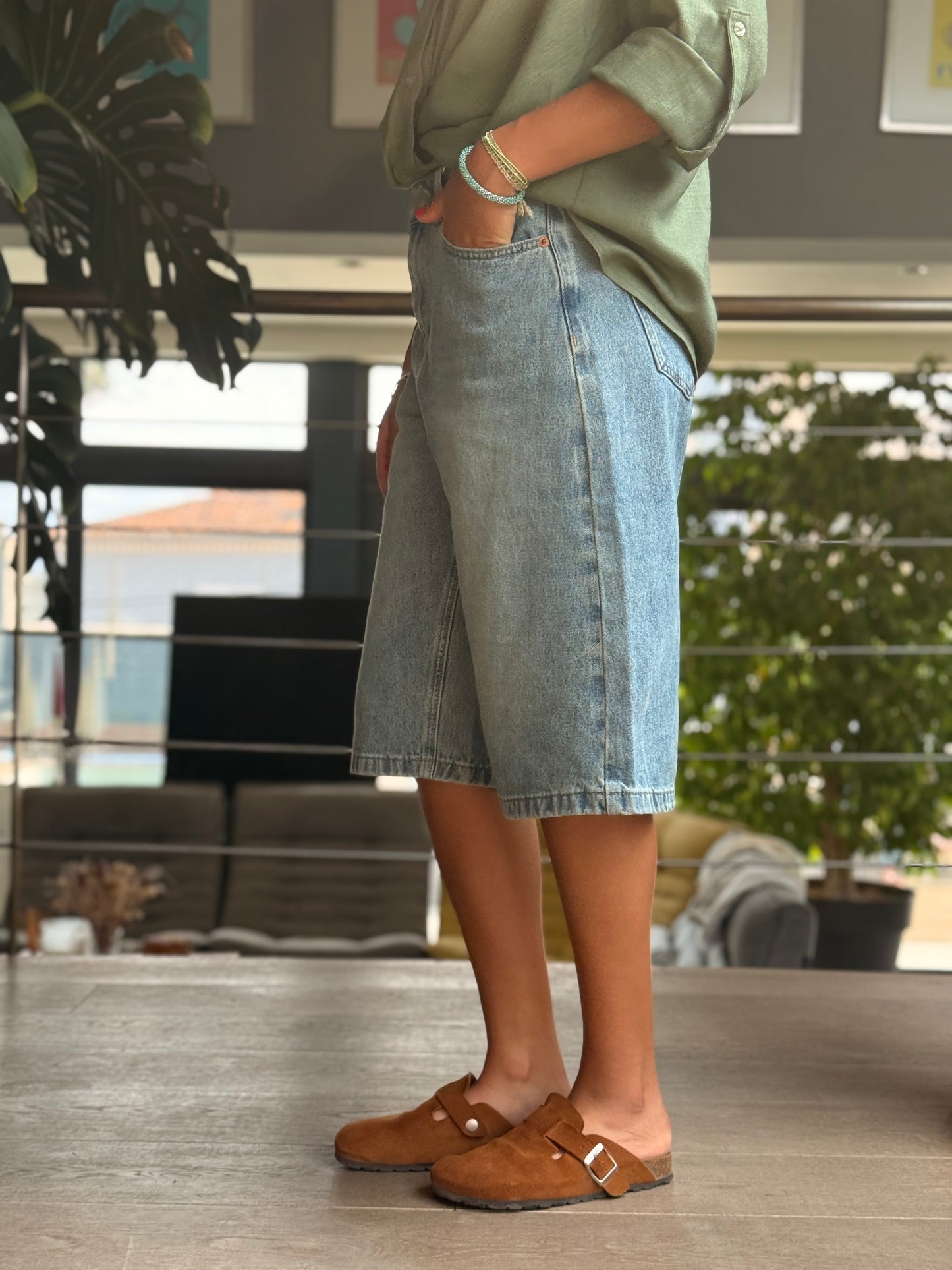 Bermuda en jean bleu délavé – Tendance oversize