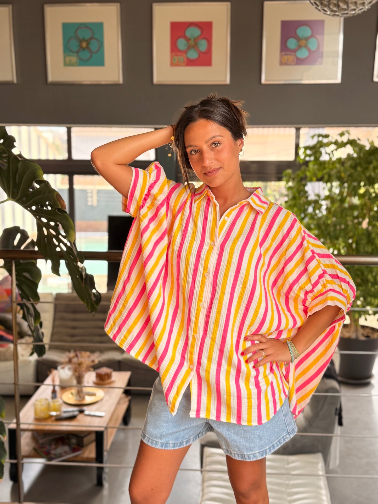 Chemise rayée fluo – 100 % coton