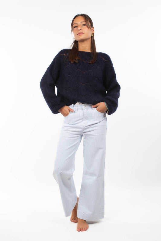 Pantalon rayé bleu ciel & blanc – Coton stretch