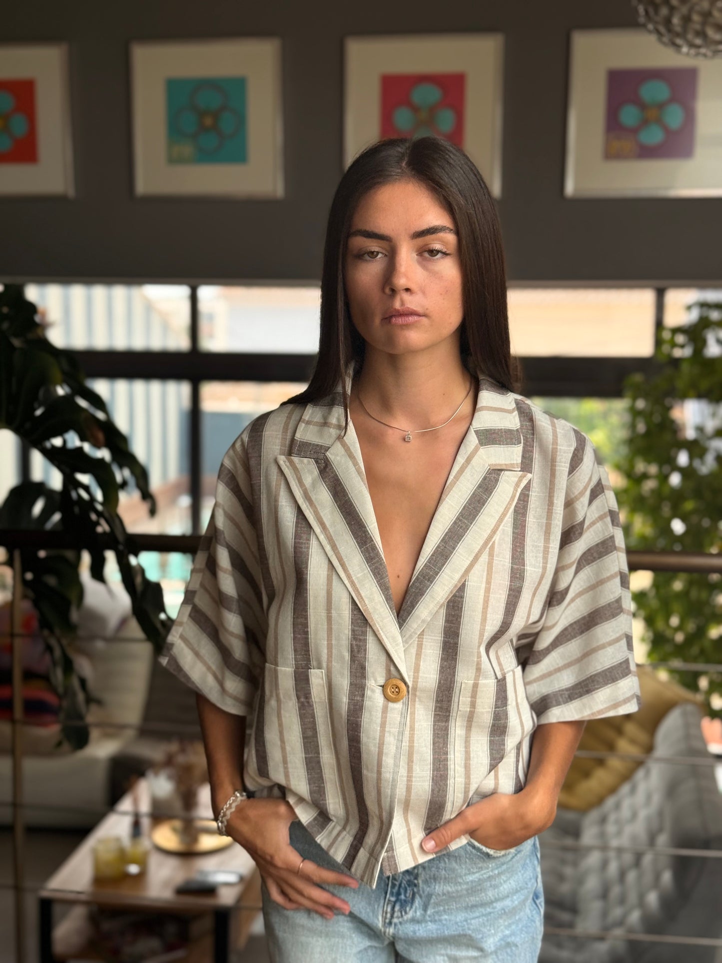 Veste courte oversize NIBRAS – rayée marron & beige