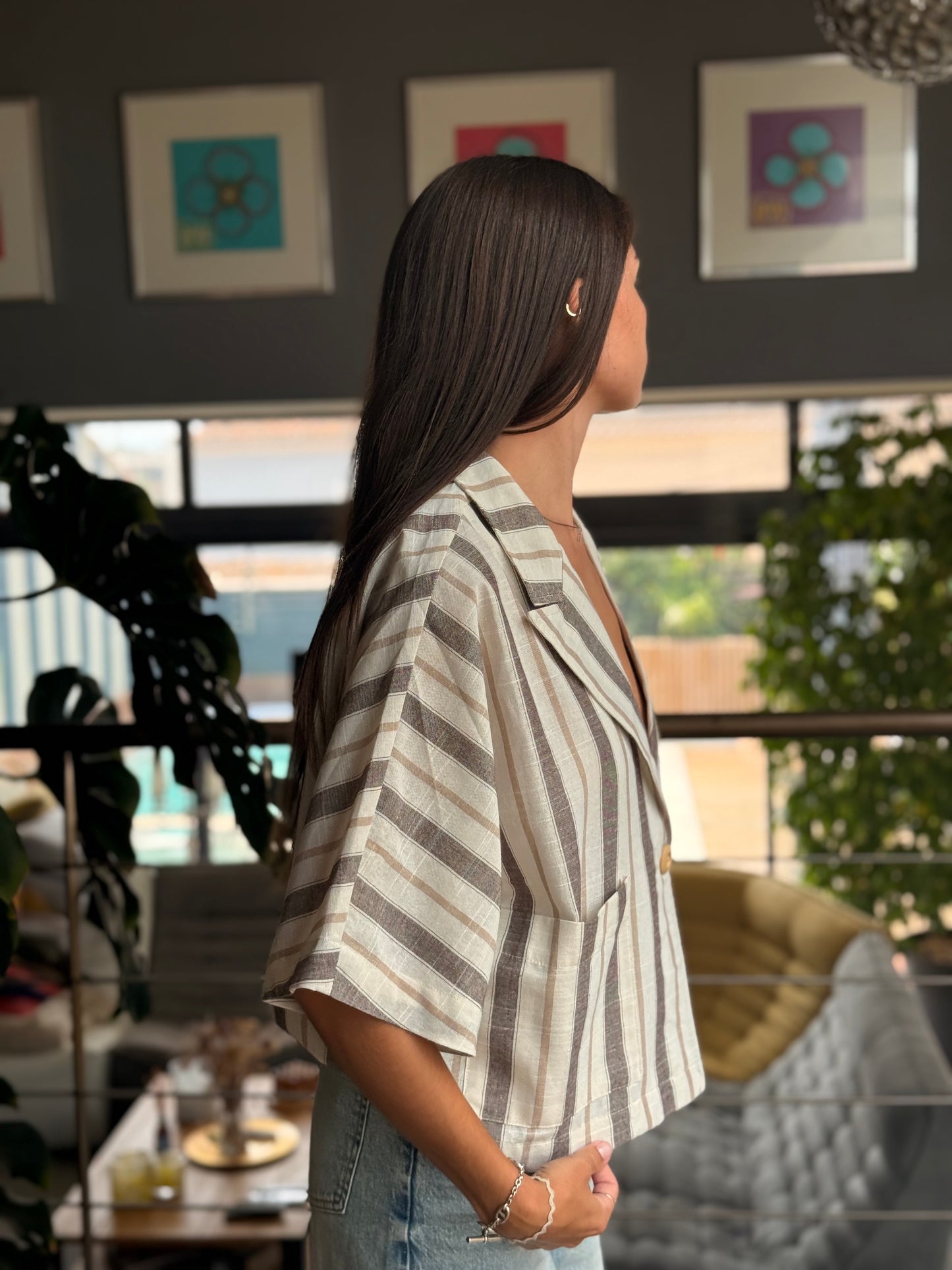 Veste courte oversize NIBRAS – rayée marron & beige