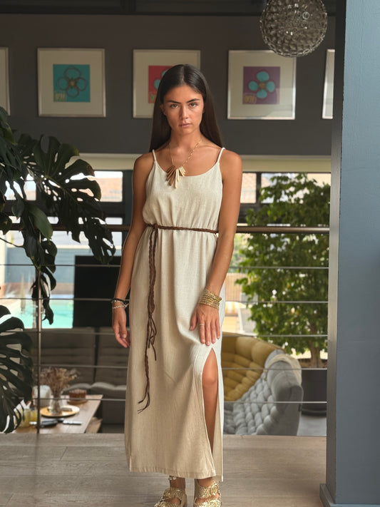 Robe longue beige en lin et viscose – détail lacé & fente
