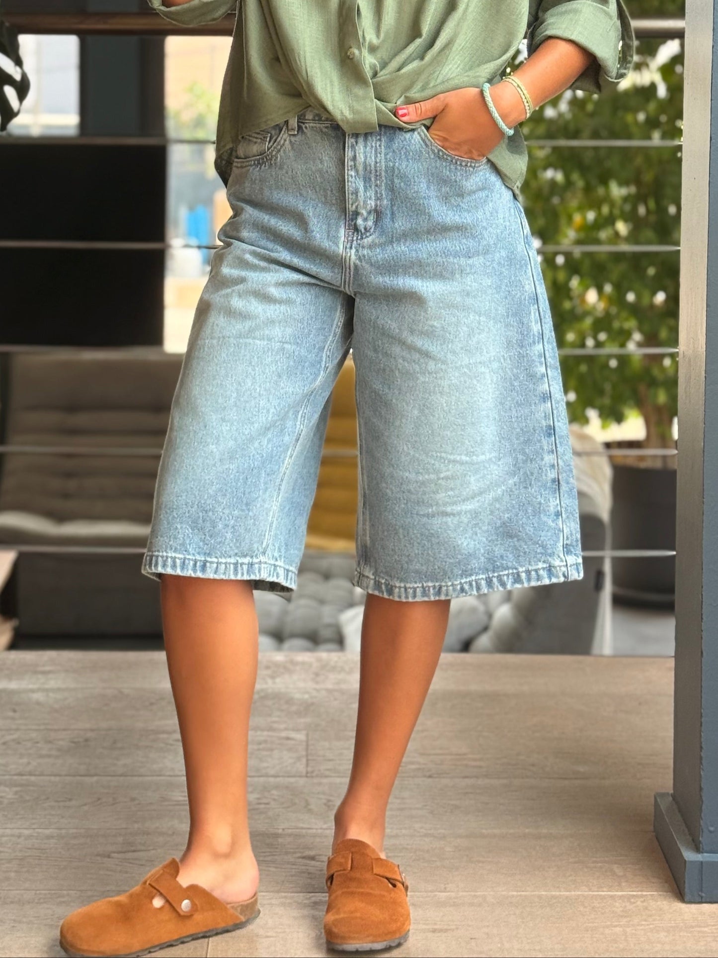 Bermuda en jean bleu délavé – Tendance oversize