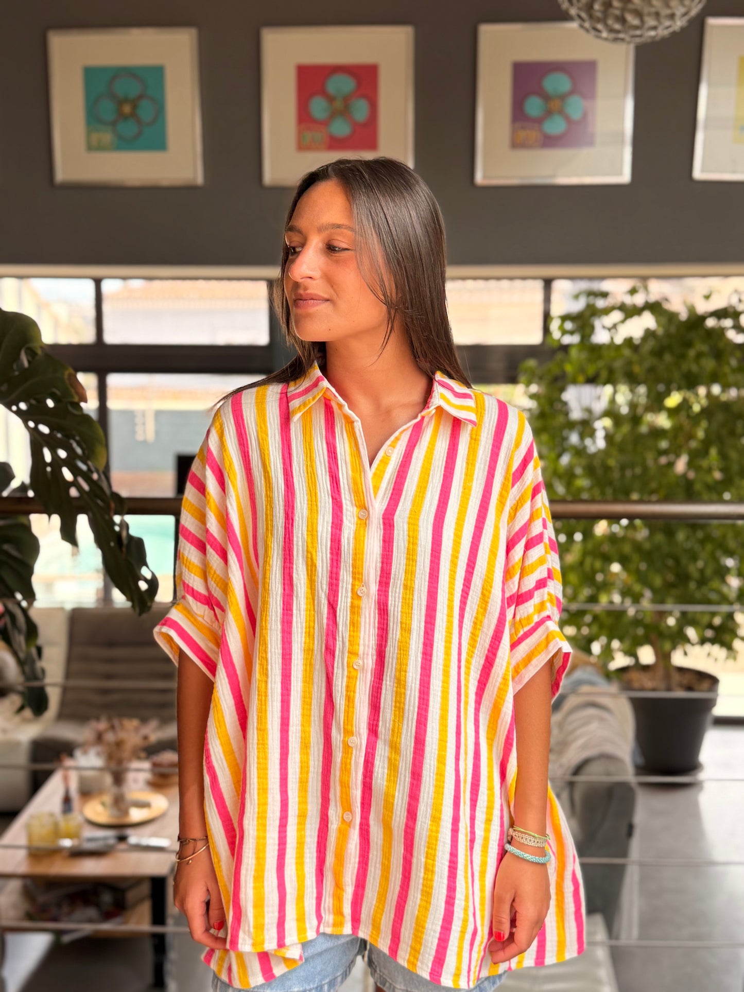 Chemise rayée fluo – 100 % coton