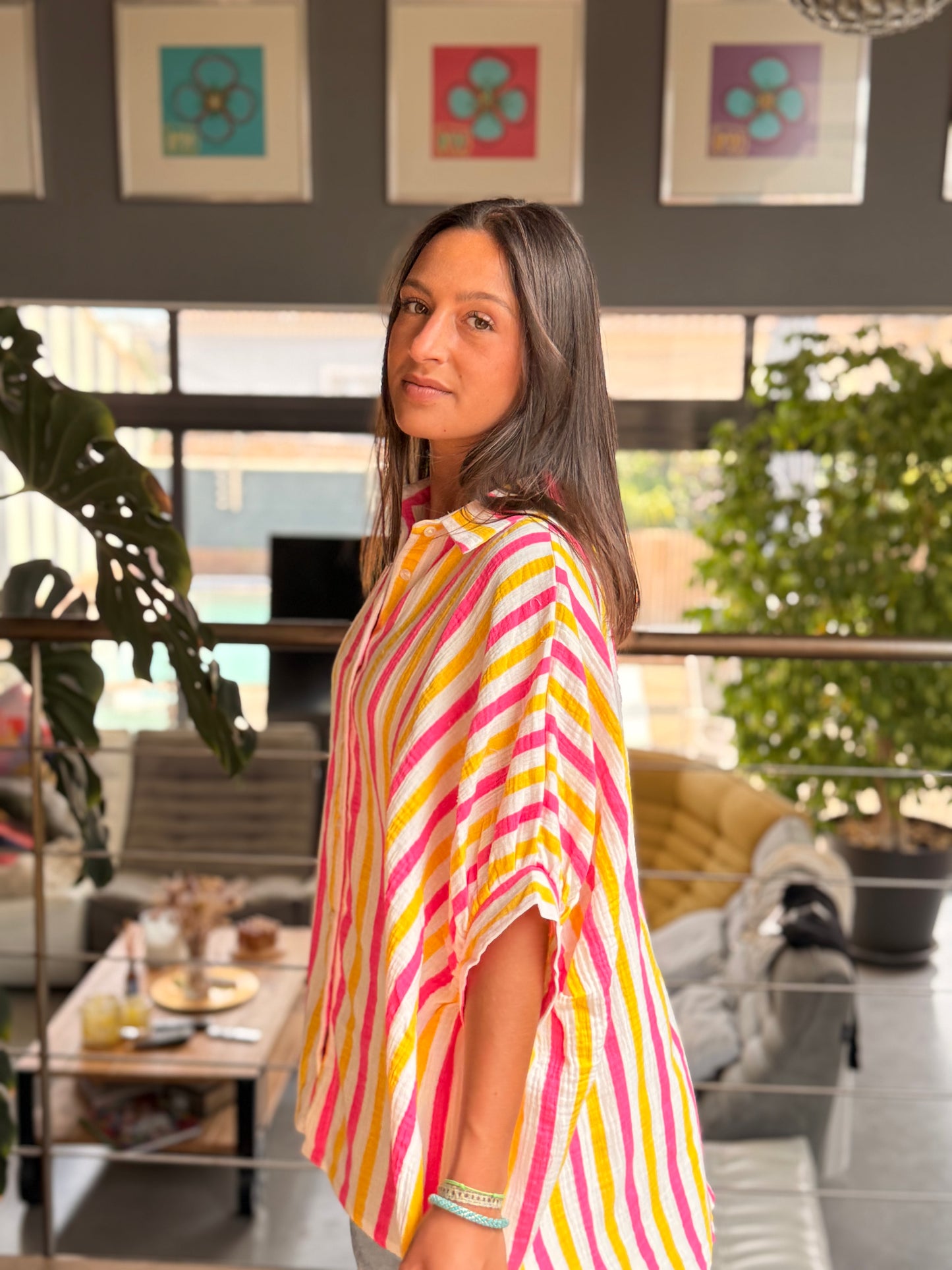 Chemise rayée fluo – 100 % coton